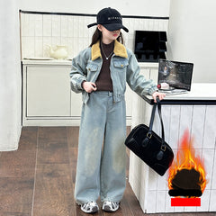 WZH191124-14 طقم جينز شتوي مبطن فرو قطعتين ( جكيت مبطن + بنطلون مبطن)