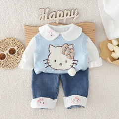 SSN040924-50 طقم بناتي كيتي 3 قطع ( فست صوف + قميص + بنطلون جينز )