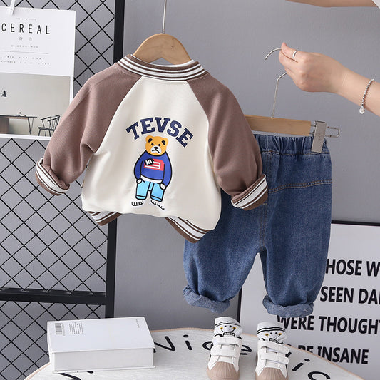 RM0608-15 طقم ولادي 3 قطع ( بلوزة + جكيت + بنطلون جينز )