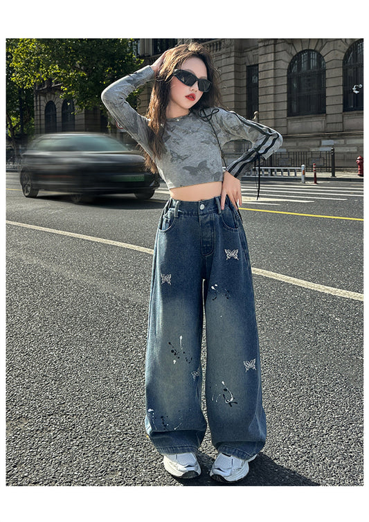 WZH191124-11 بنطال جينز واسع بتطريز فراشات للبنات