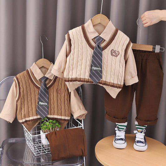 طقم ولادي 4 قطع ( قميص + فست صوف + جرافة + بنطلون ) SSX220824-119