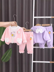 SSN040924-58 طقم بناتي قطن تقيل خريفي ربيعي 3 قطع ( جكيت + بلوزة+ بنطلون)