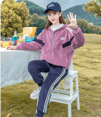 HBC040924-12 طقم شتوي مخمل ومبطن فرو بالكامل قطعتين ( جكيت + بنطلون)