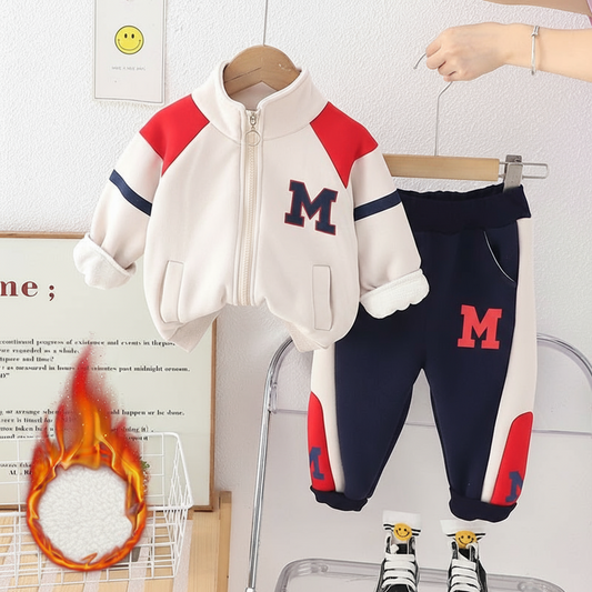 SSX220824-27 طقم ولادي شتوي تقيل مبطن فرو بالكامل قطعتين ( بلوزة + بنطلون)