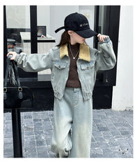 WZH191124-14 طقم جينز شتوي مبطن فرو قطعتين ( جكيت مبطن + بنطلون مبطن)