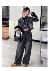 WZH191124-40 طقم جينز قطعتين ( جكيت + بنطلون)