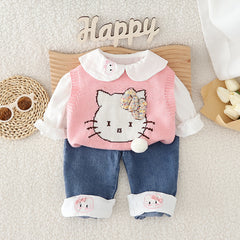 SSN040924-50 طقم بناتي كيتي 3 قطع ( فست صوف + قميص + بنطلون جينز )