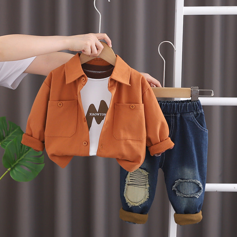 SSX220824-100 طقم جينز 3 قطع ( بلوزة قطنية + جكيت + بنطلون جينز )