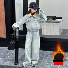 WZH191124-14 طقم جينز شتوي مبطن فرو قطعتين ( جكيت مبطن + بنطلون مبطن)