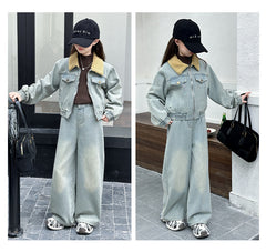 WZH191124-14 طقم جينز شتوي مبطن فرو قطعتين ( جكيت مبطن + بنطلون مبطن)