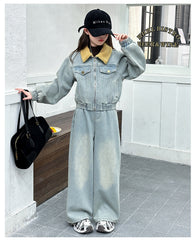 WZH191124-14 طقم جينز شتوي مبطن فرو قطعتين ( جكيت مبطن + بنطلون مبطن)