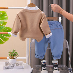 طقم ولادي 3 قطع دبدوب ( قميص + جكيت صوف + بنطلون جينز ) SSX220824-173