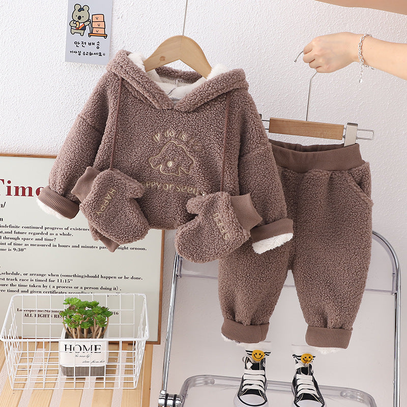 SSX220824-55 طقم ولادي شتوي تقيل مبطن فرو بالكامل 3 قطع ( بلوزة + بنطلون + قفازات)