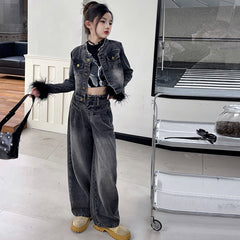 WZH191124-40 طقم جينز قطعتين ( جكيت + بنطلون)