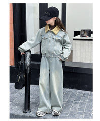 WZH191124-14 طقم جينز شتوي مبطن فرو قطعتين ( جكيت مبطن + بنطلون مبطن)