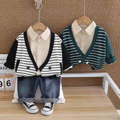 SSX220824-165 طقم ولادي ربيعي خريفي 3 قطع ( قميص +جكيت+ بنطلون جينز)