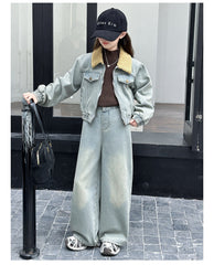 WZH191124-14 طقم جينز شتوي مبطن فرو قطعتين ( جكيت مبطن + بنطلون مبطن)