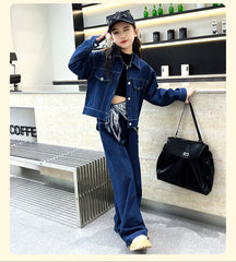 WZH191124-33 طقم جينز قطعتين ( جكيت + بنطلون + منديل )