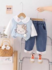 SSN040924-50 طقم بناتي كيتي 3 قطع ( فست صوف + قميص + بنطلون جينز )