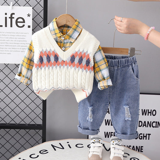 RM0608-4 طقم ولادي 3 قطع ( قميص + فست صوف + بنطلون جينز )