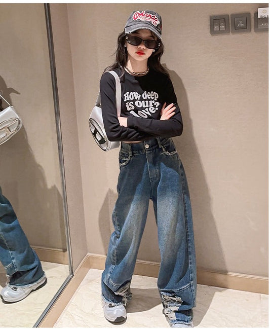 RM171223-3 طقم جينز قطعتين ( بلوزة قطنية + بنطلون جينز )