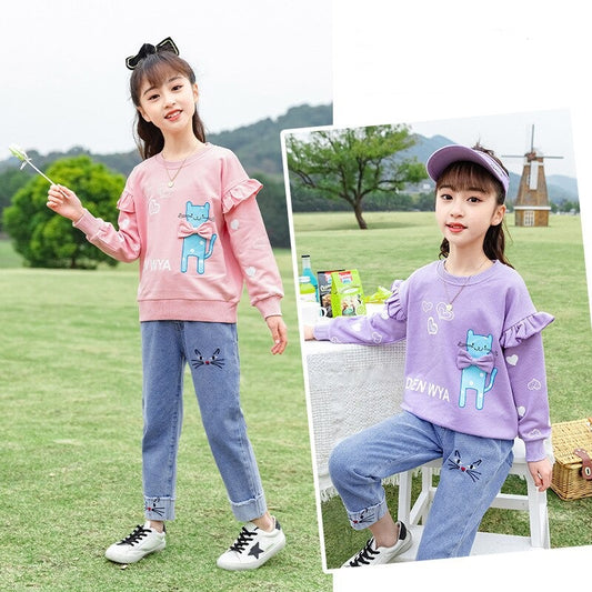 طقم جينز قطعتين ( بلوزة قطنية+ بنطلون جينز)  AO0519-101