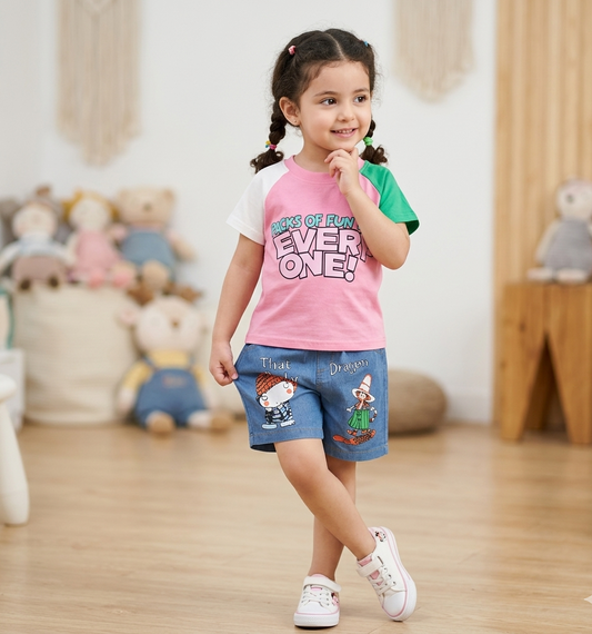 AO1204- 30 طقم جينز بناتي قطعتين ( بلوزة قطنية + شورت جينز )