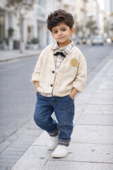 AS-1578B طقم 4 قطع ( قميص + جكيت + بنطلون جينز + ببيونة)