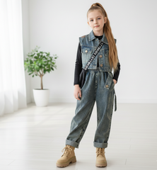 RM171223-4 طقم جينز خريفي 3 قطع ( بلوزة + فست جينز + بنطلون )