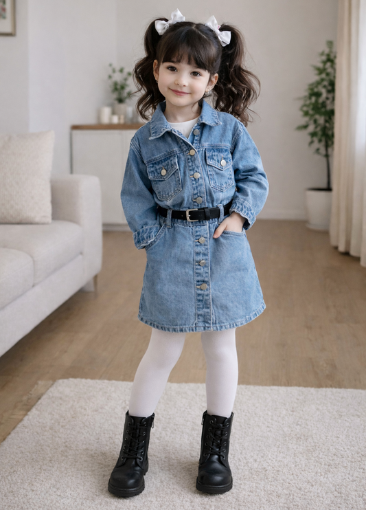 AO0508-103 فستان جينز بناتي مع حزام للخصر
