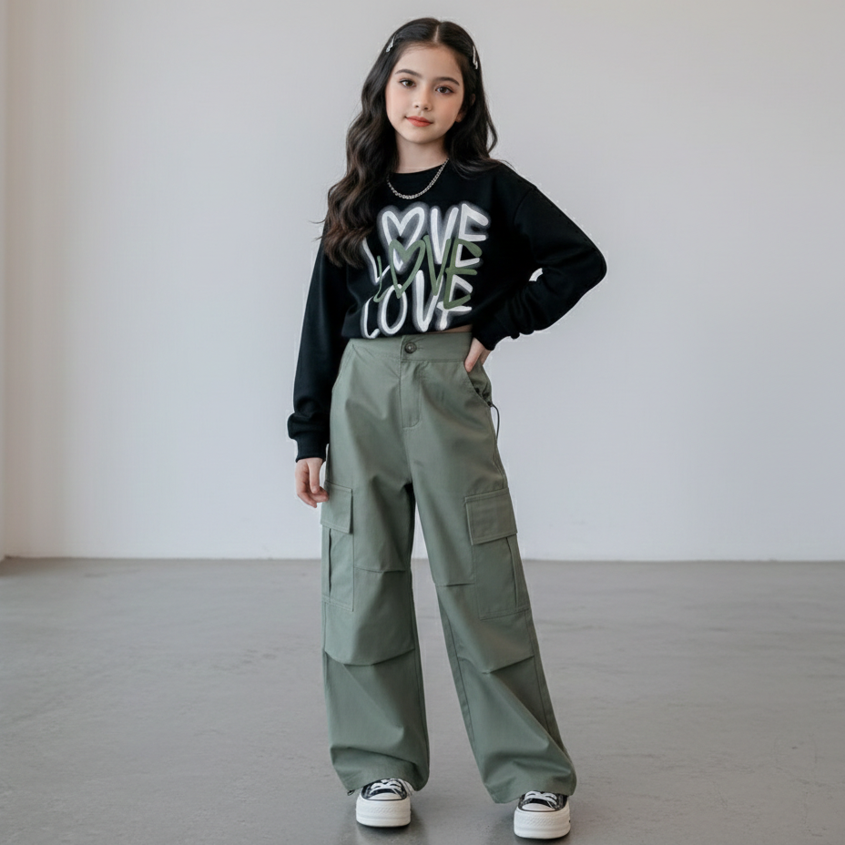 RM171223-36 طقم بناتي قطعتين ( بلوزة قطن + بنطلون كتان ناعم)