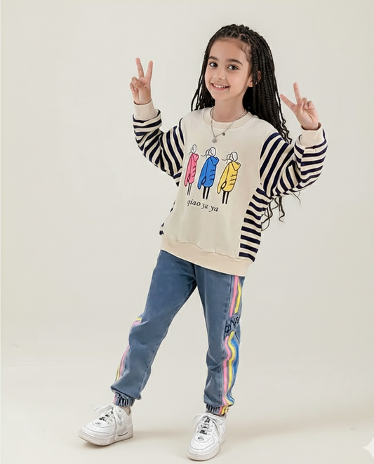 AO0505-58 طقم جيز مميز خريفي دافي ( بلوزة قطنية ثقيلة + بنطلون جينز ناعم )