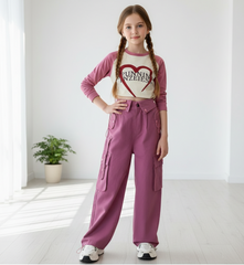 RM171223-16 طقم بناتي قطعتين ( بلوزة قطنية + بنطلون كتان )