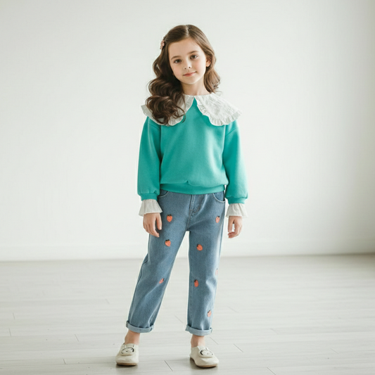 AO0519-33 طقم جينز بناتي ( بلوزة بقبة + بنطلون جينز مرسم)