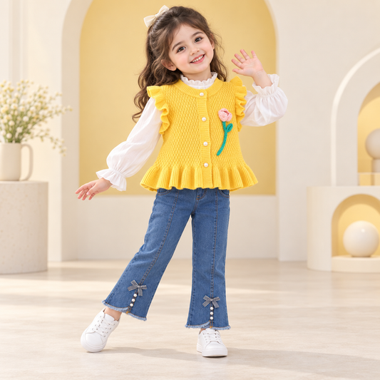 AO0508-34 طقم 3 قطع ( قميص + فست صوف+ بنطلون جينز ناعم)