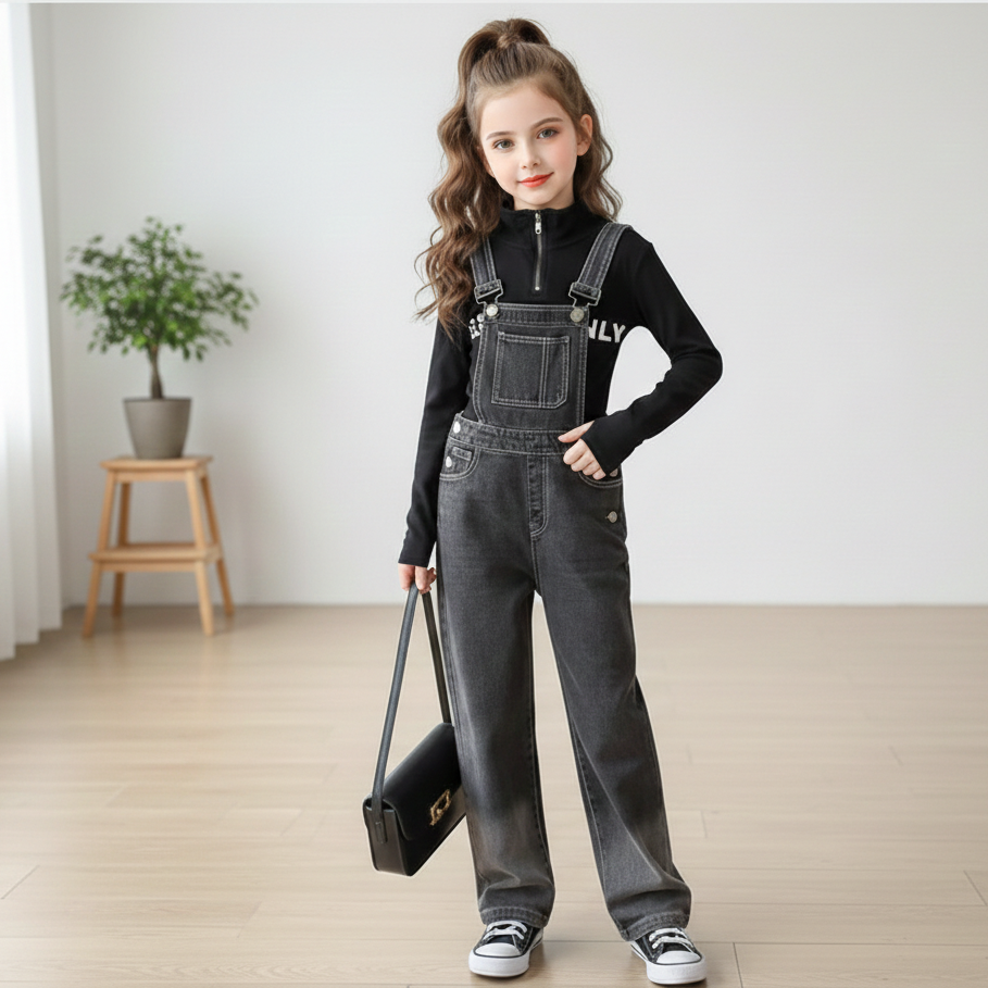 AO0712-17 طقم جينز بناتي قطعتين ( بلوزة قطنية + أفرهول جينز )