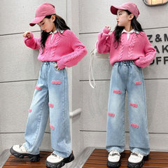 RM171223-30 طقم شتوي ( بلوزة صوف مع قبة قميص + بنطلون جينز مبطن فرو)