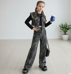 RM171223-17 طقم بناتي جينز 3 قطع ( بلوزة قطنية + جكيت جينز + بنطلون جينز)