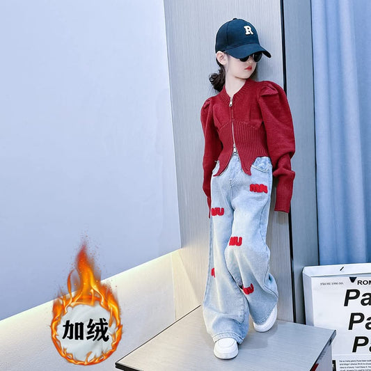 RM0115-10 طقم بناتي شتوي بلوزة صوف + بنطلون جينز مبطن فرو من الداخل